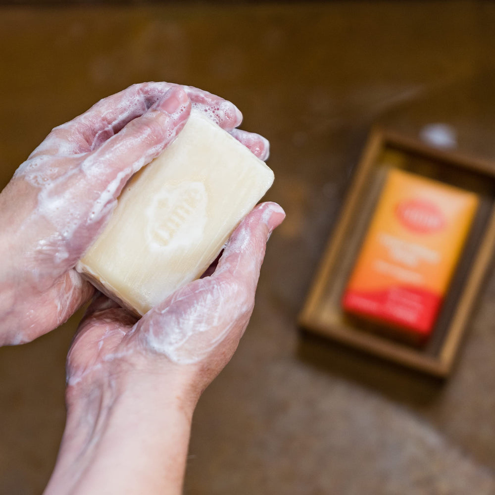 Lume triple milled bar soap skin-safe formula avoids irritants for external use.