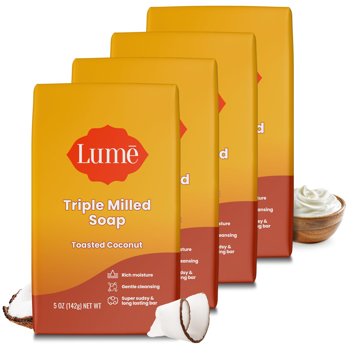 Lume toasted coconut soap bar front view, rich moisture for daily skin care