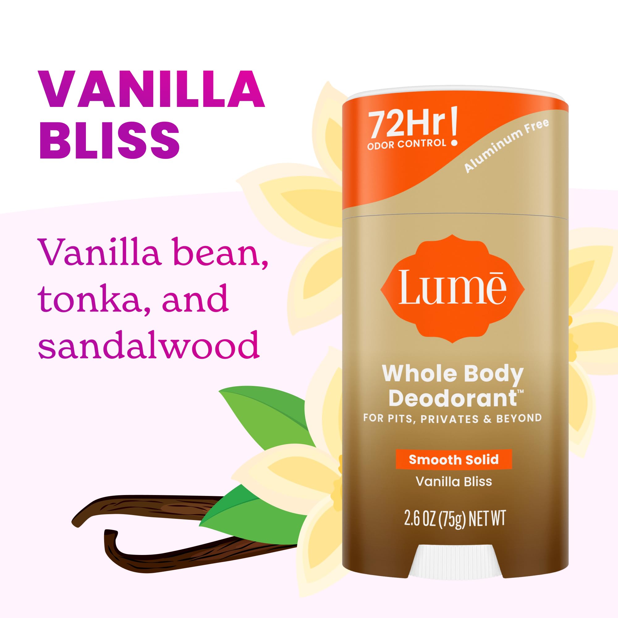 Lume Vanilla Bliss application swipe demonstrates skin-friendly formula.