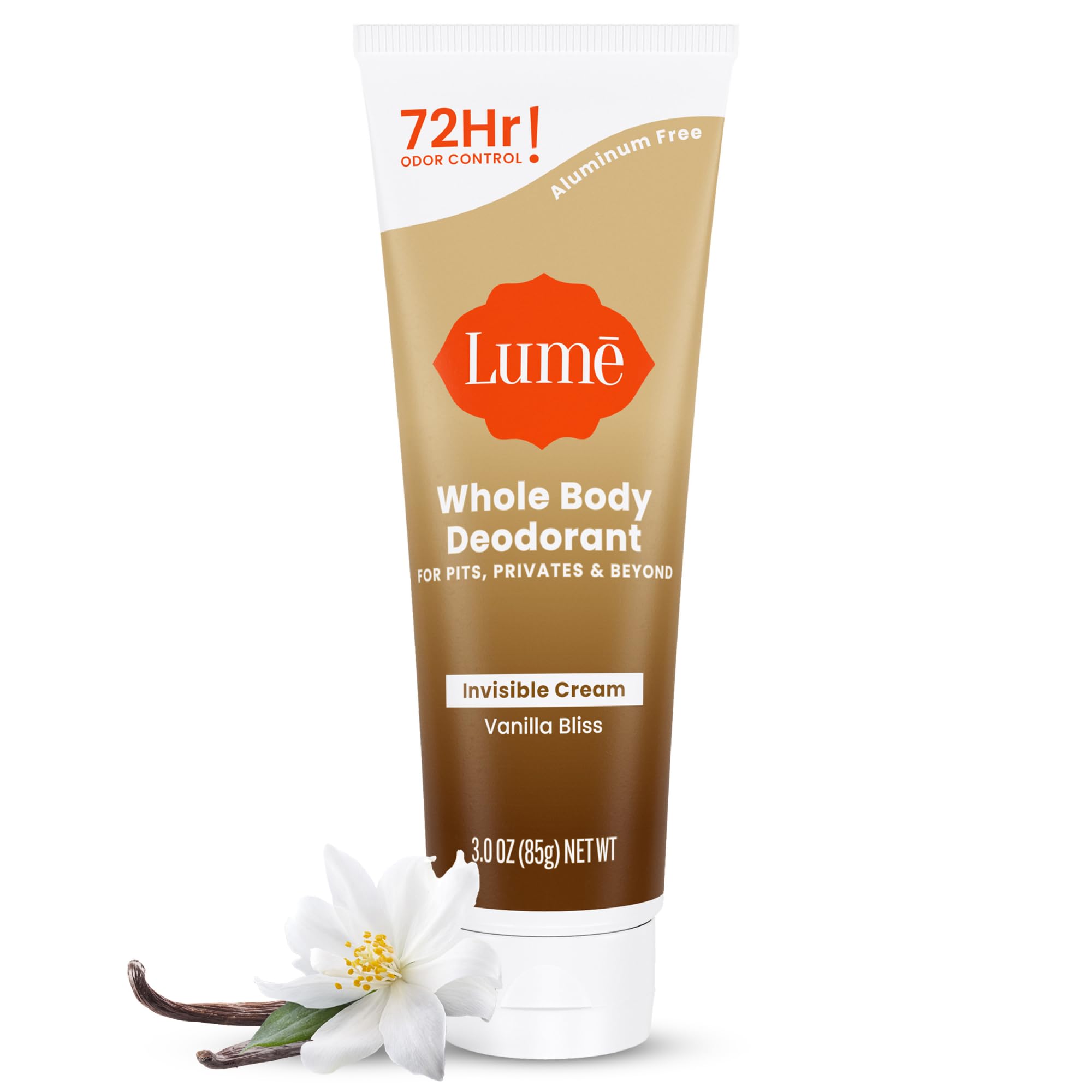 Lume Vanilla Bliss cream tube shown for all day odor control with lotion like glide