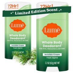 Lume whole body deodorant cream-stick packaging featuring Fresh Alpine scent.