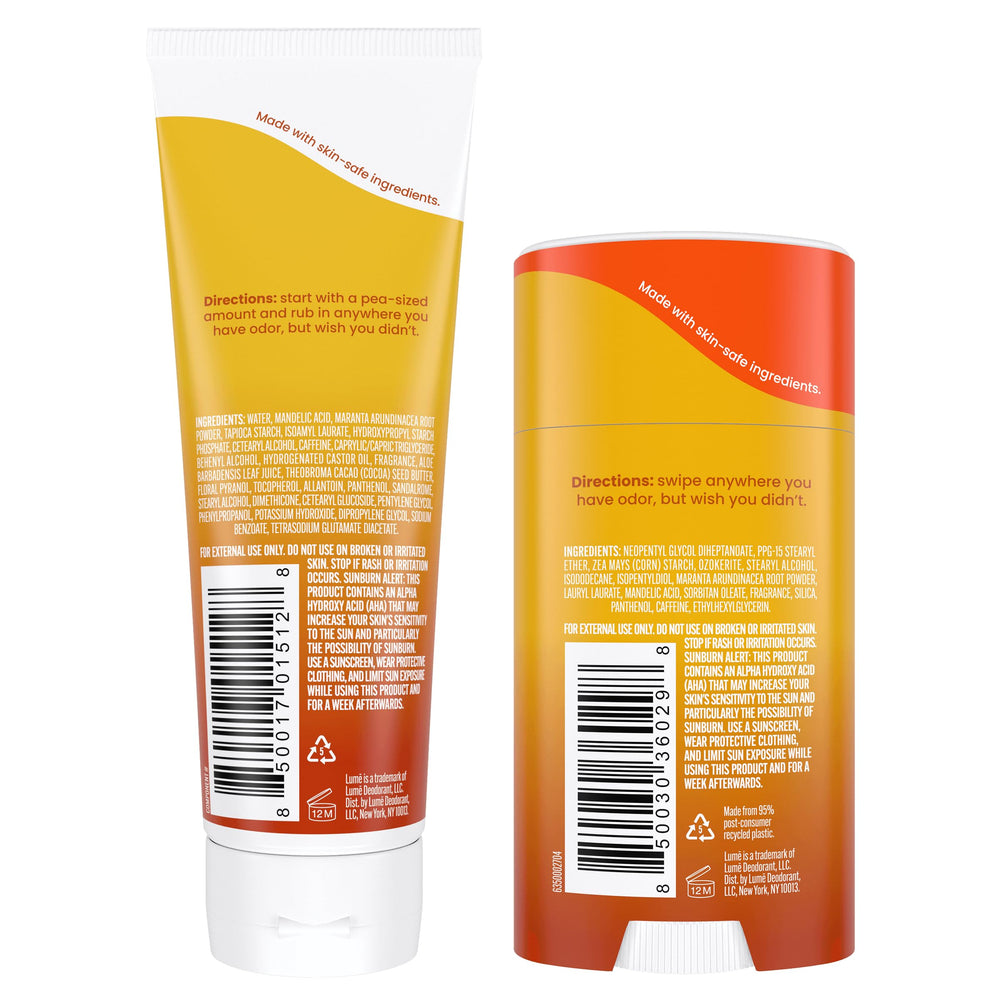 Lume cream tube application demonstrating smooth glide for underarms and beyond.