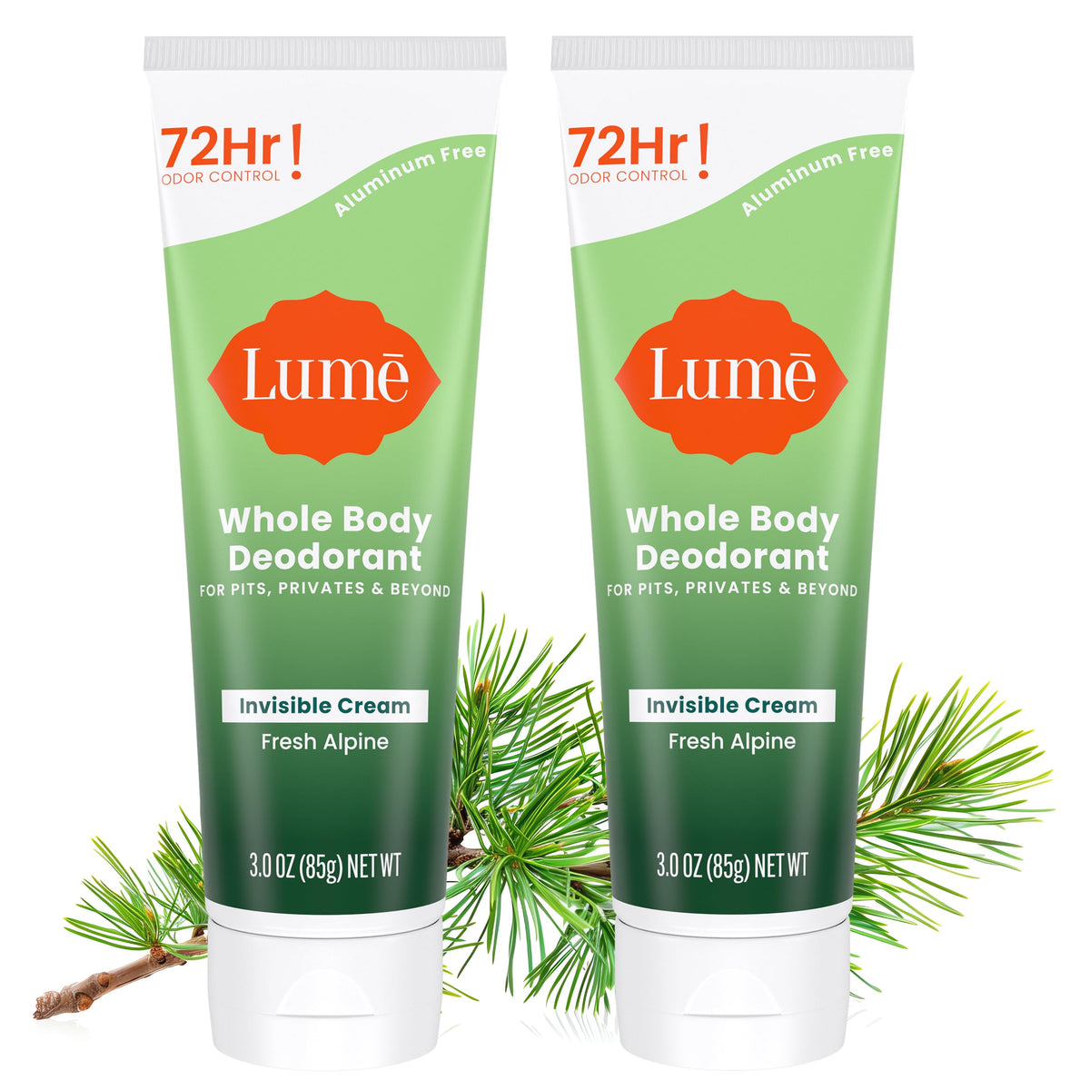 Lume whole body deodorant Fresh Alpine tube for all-day odor control.