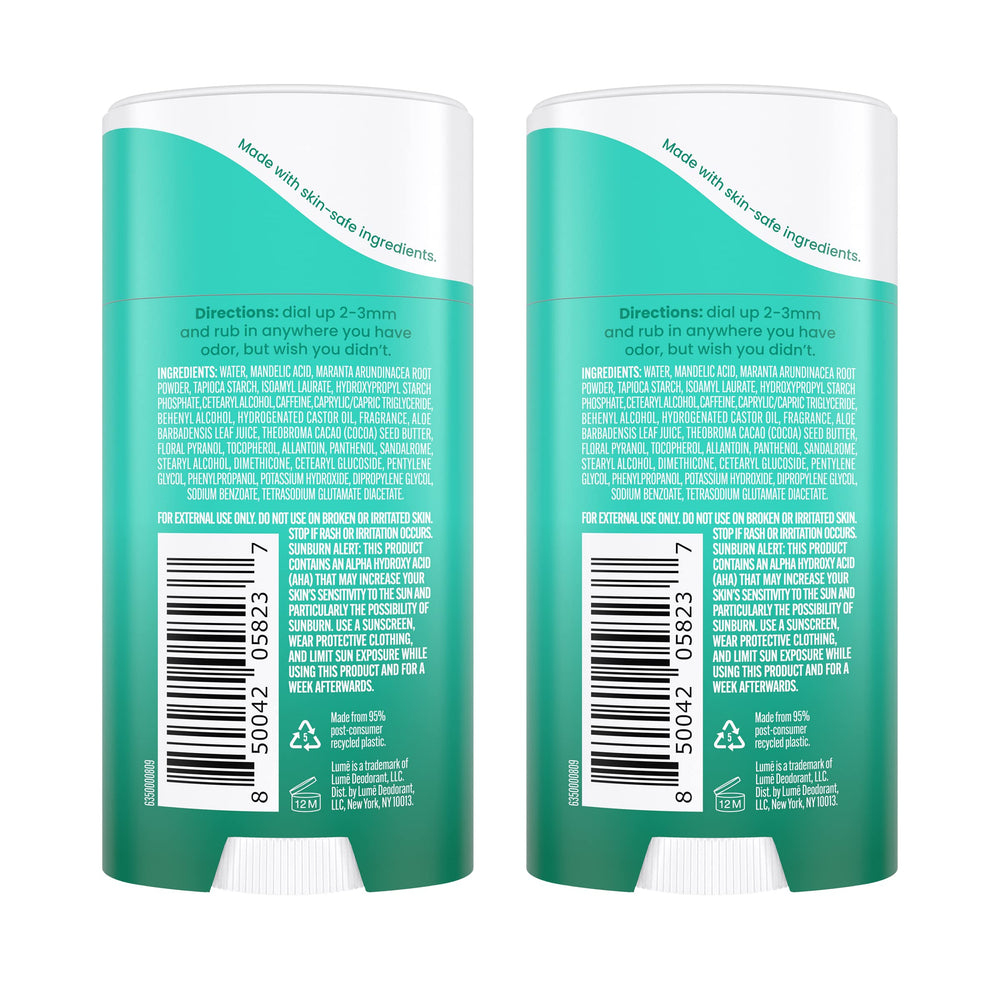 Lume invisible cream stick application close-up showing skin-safe aluminum-free formula