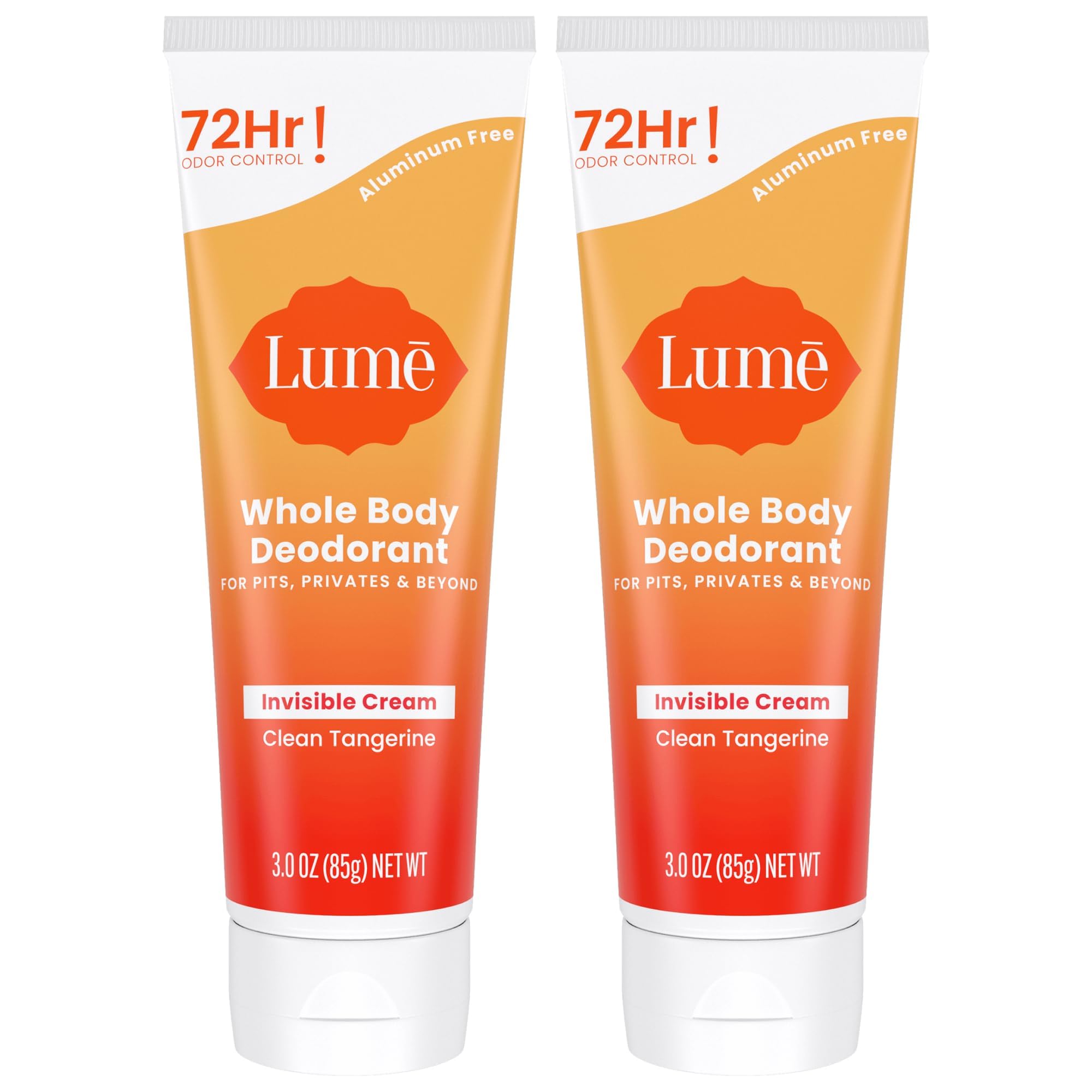 Lume invisible-cream tube with Clean Tangerine scent showing long-lasting odor protection