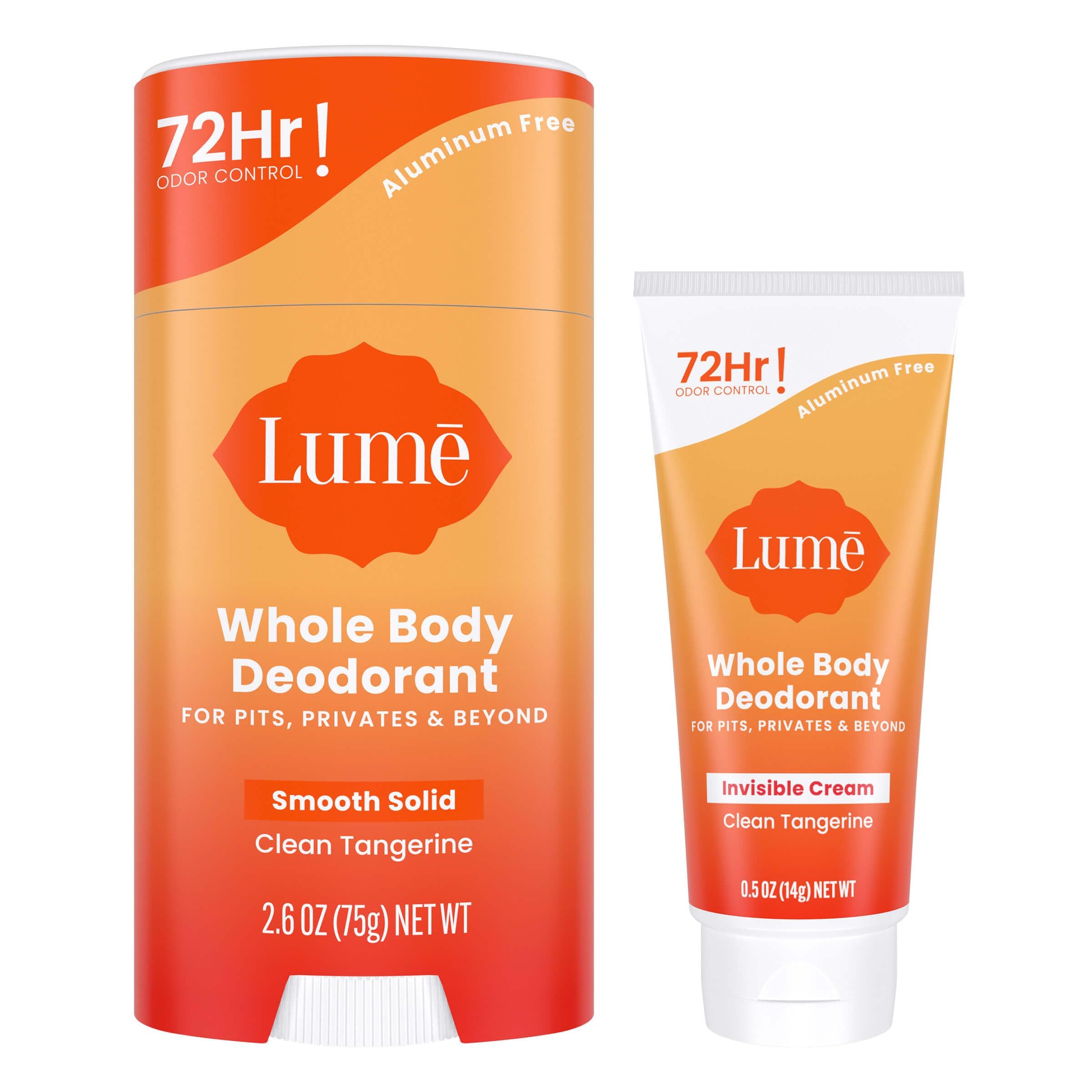 Lume invisible cream tube mini showing smooth rub-in application for long-lasting freshness.
