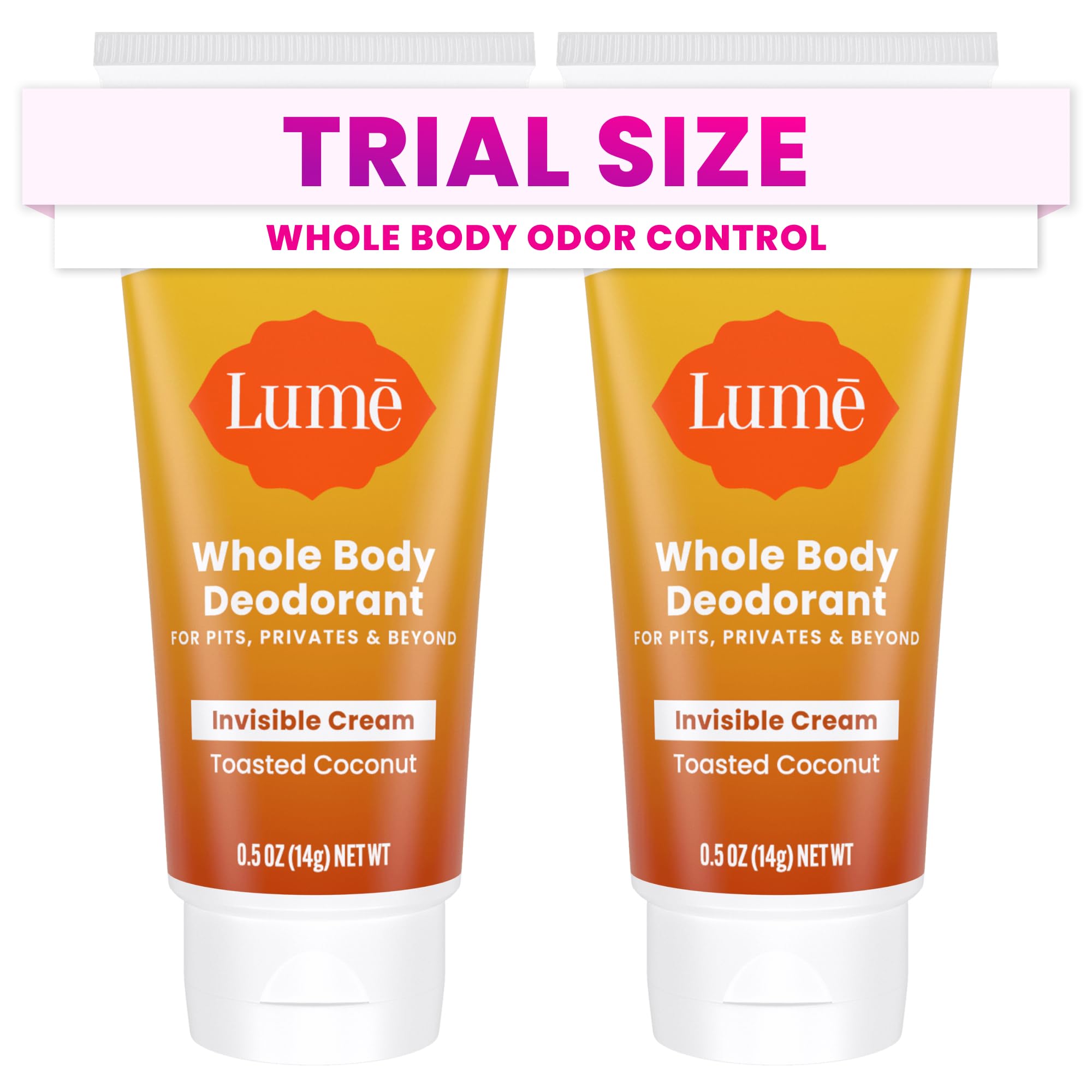 Lume Whole Body Deodorant mini toasted coconut tube front for on-the-go freshness.