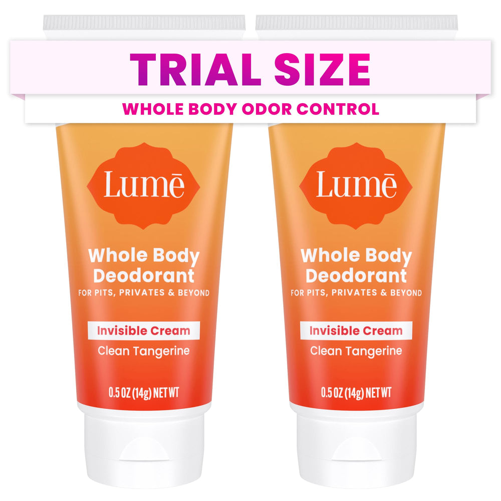 Lume whole body deodorant mini tube in Clean Tangerine scent for on-the-go odor control.