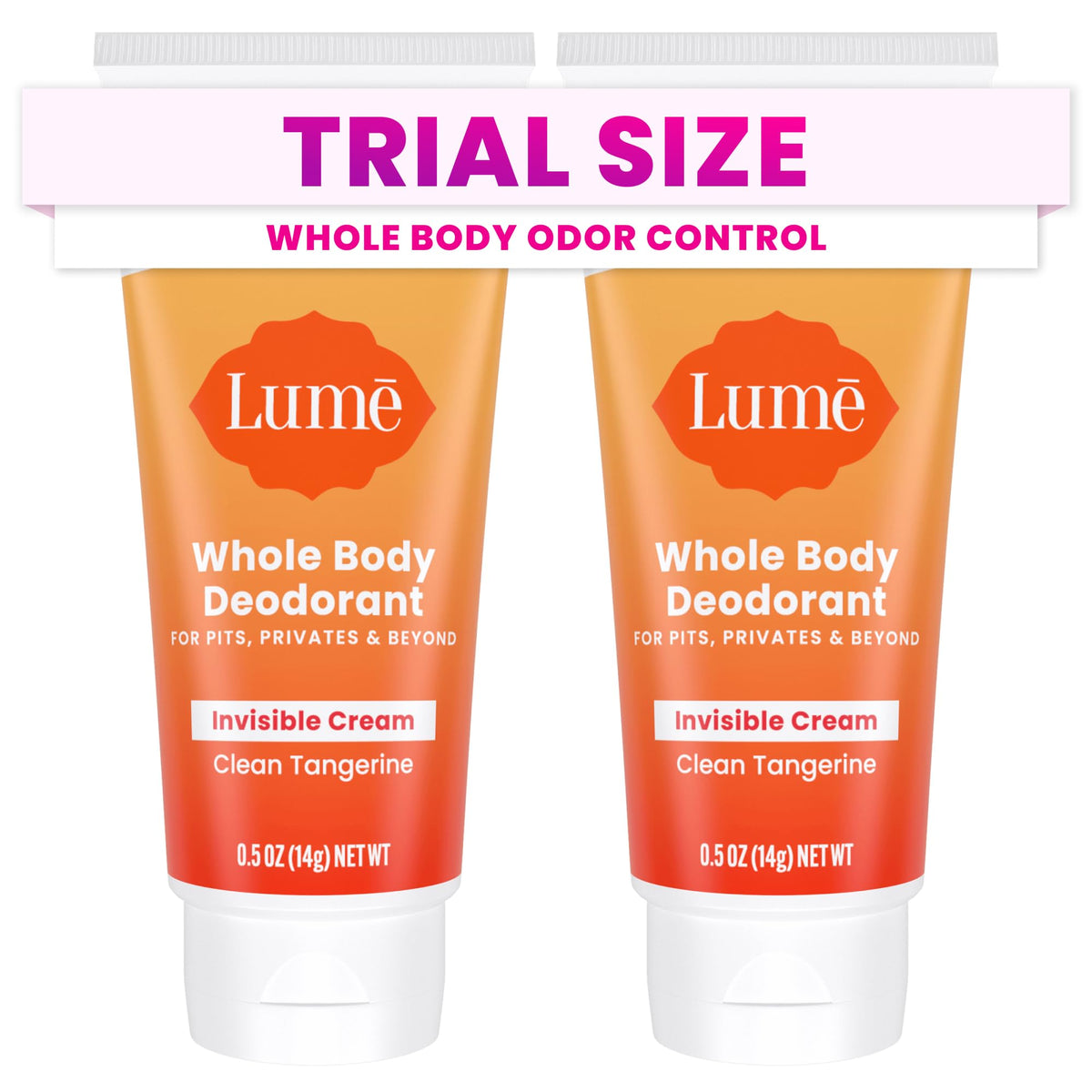 Lume whole body deodorant mini tube in Clean Tangerine scent for on-the-go odor control.