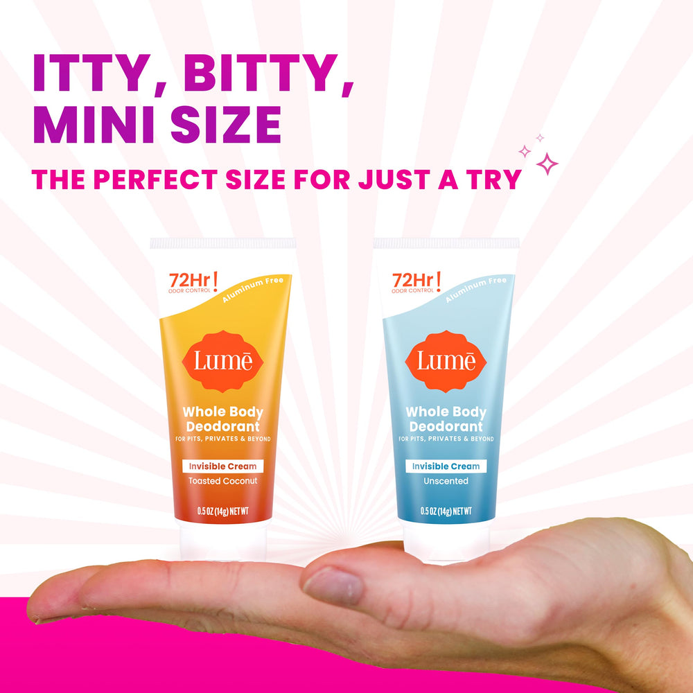 Lume unscented mini tube offers aluminum- and baking-soda-free protection all day.