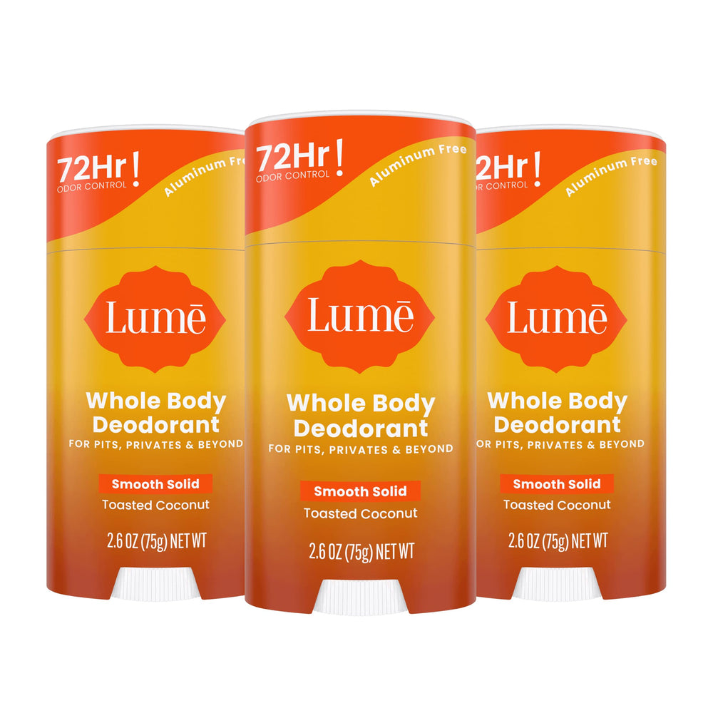 Lume Whole Body Deodorant packaging with toasted coconut scent and all-day odor control.