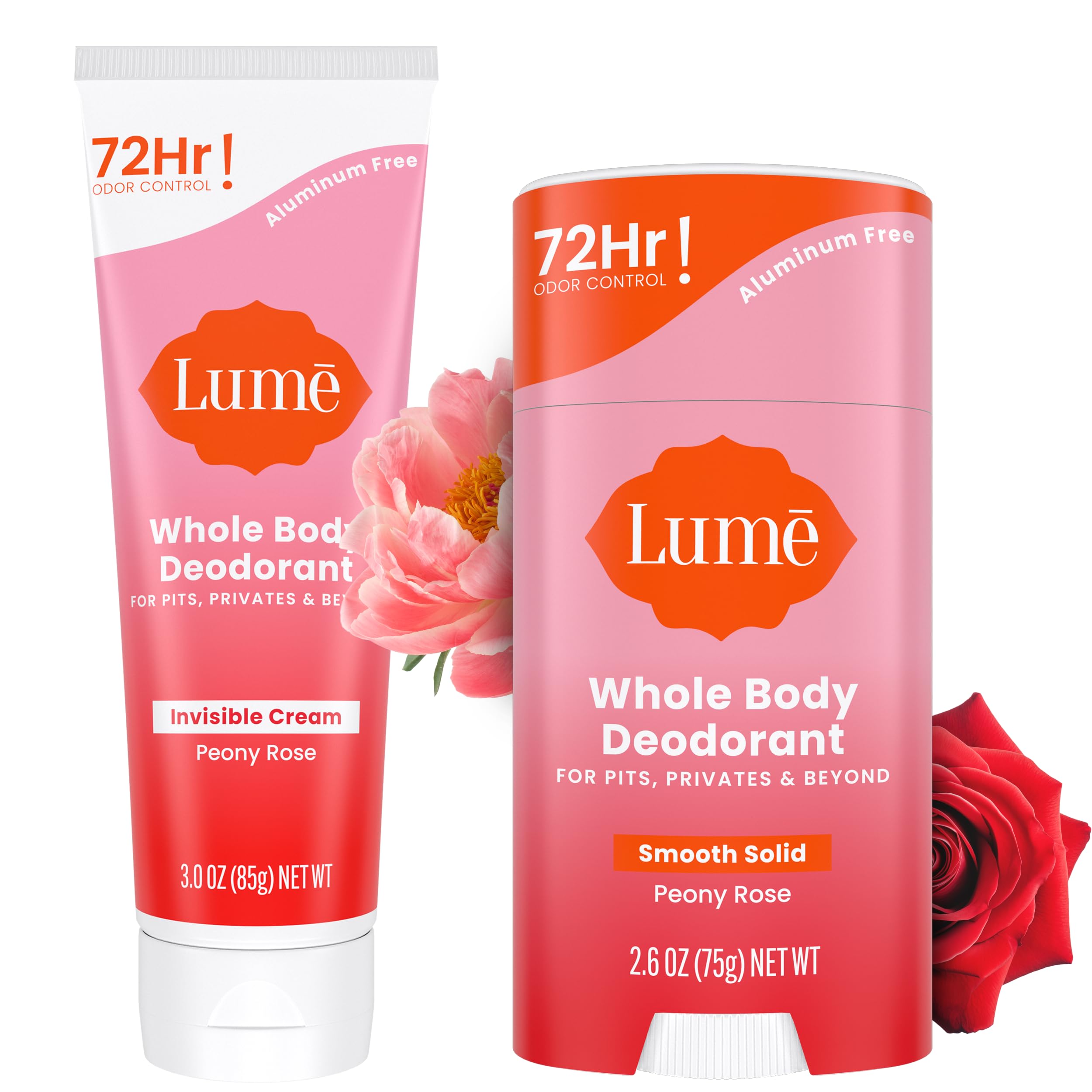 Lume Whole Body Deodorant Peony Rose tube for portable all-day freshness.
