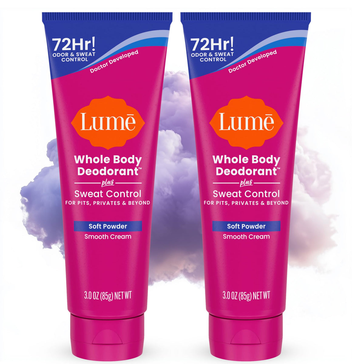 Lume smooth cream tube shown for all-over odor control in multiple body areas