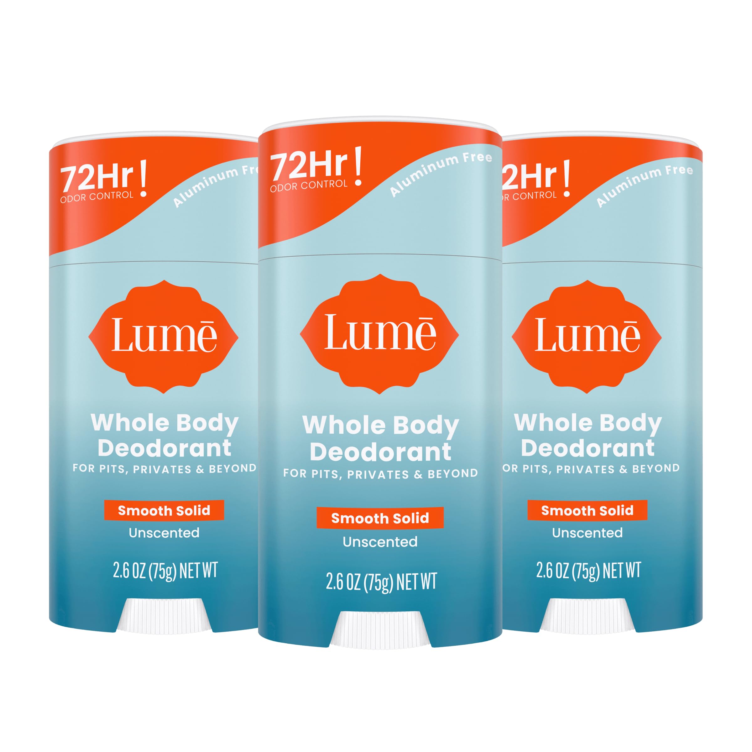 Lume whole body deodorant smooth-stick packaging showing a 3-pack for daily odor control.