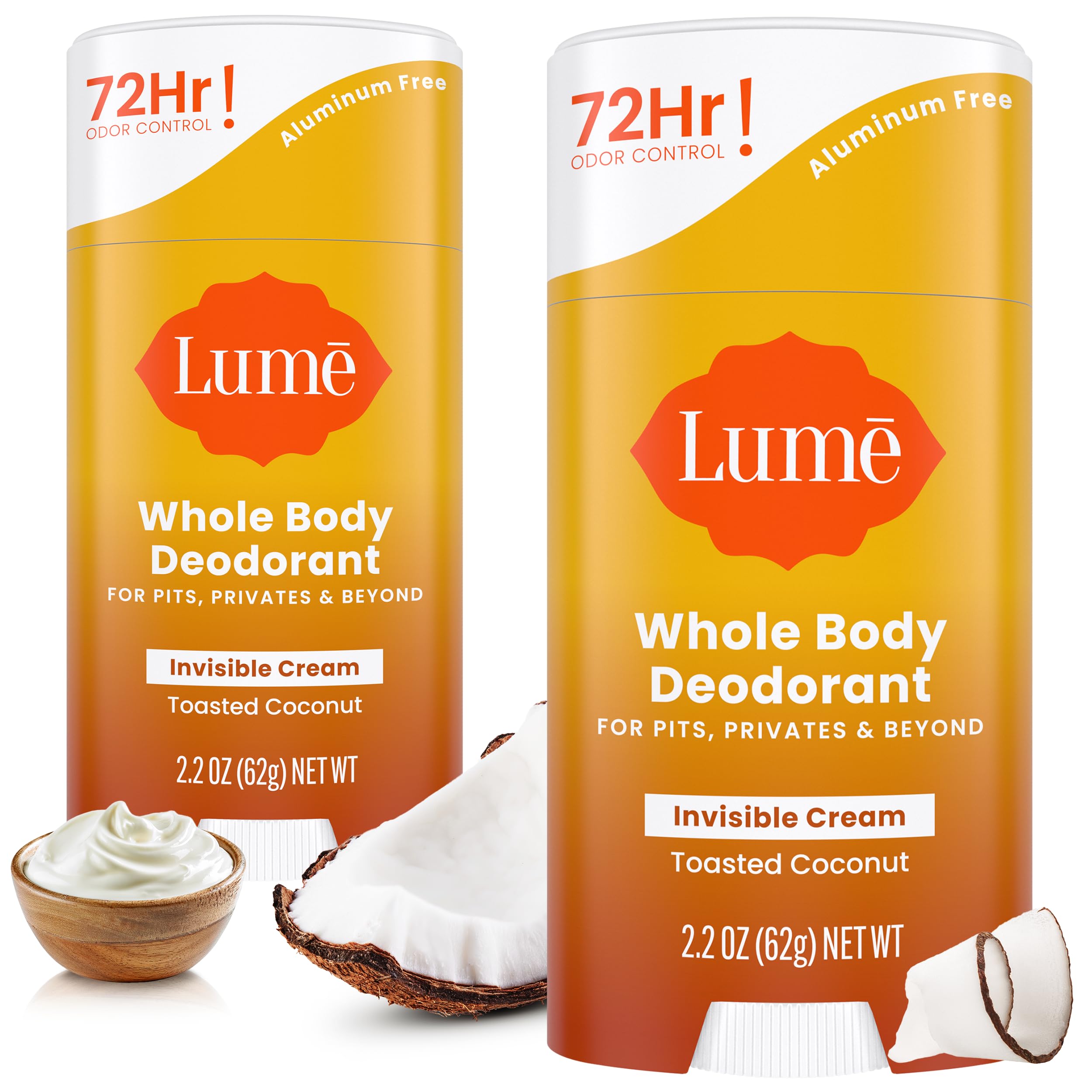 Lume Whole Body Deodorant Toasted Coconut packaging for convenient two-pack odor control.