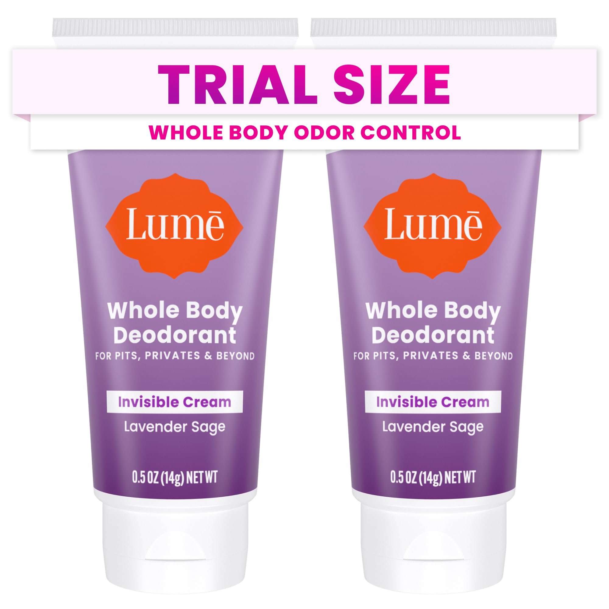 Lume whole-body deodorant trial-tube for travel and odor control.