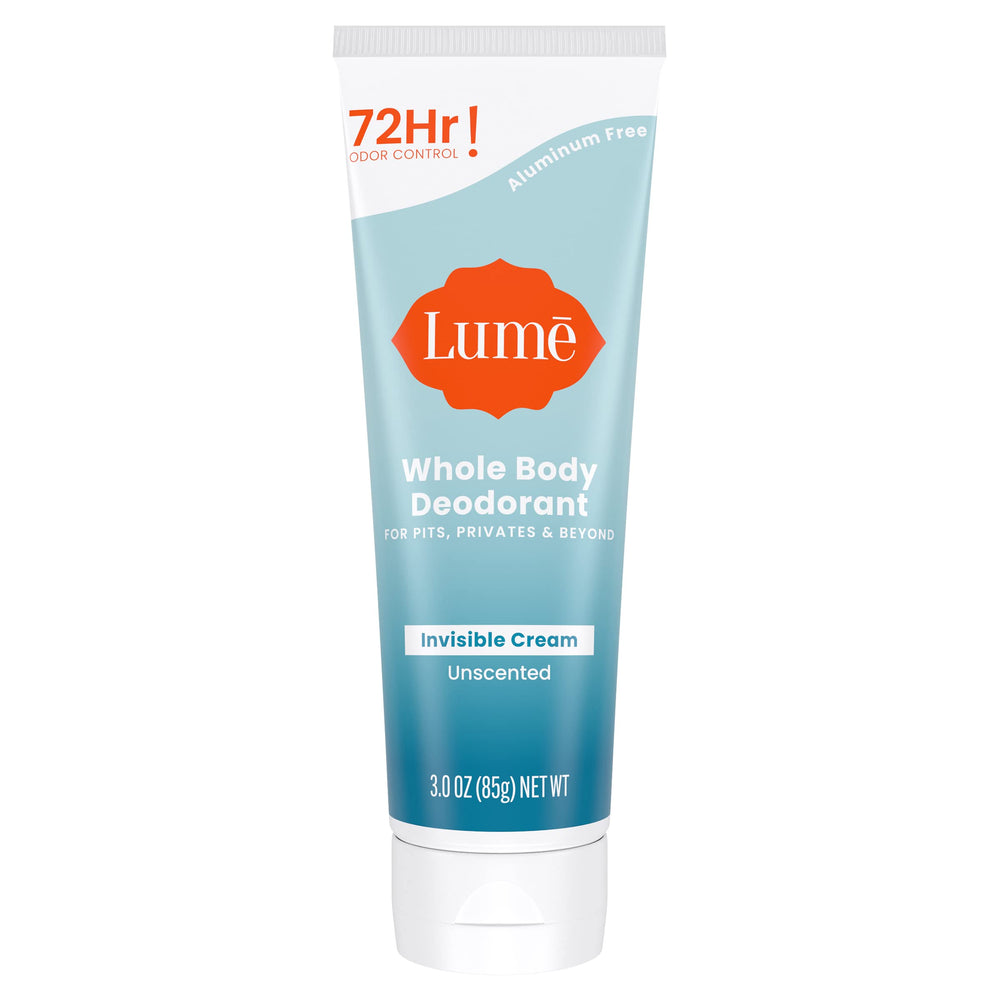 Lume Whole Body Deodorant tube front view showing all-day odor control benefits