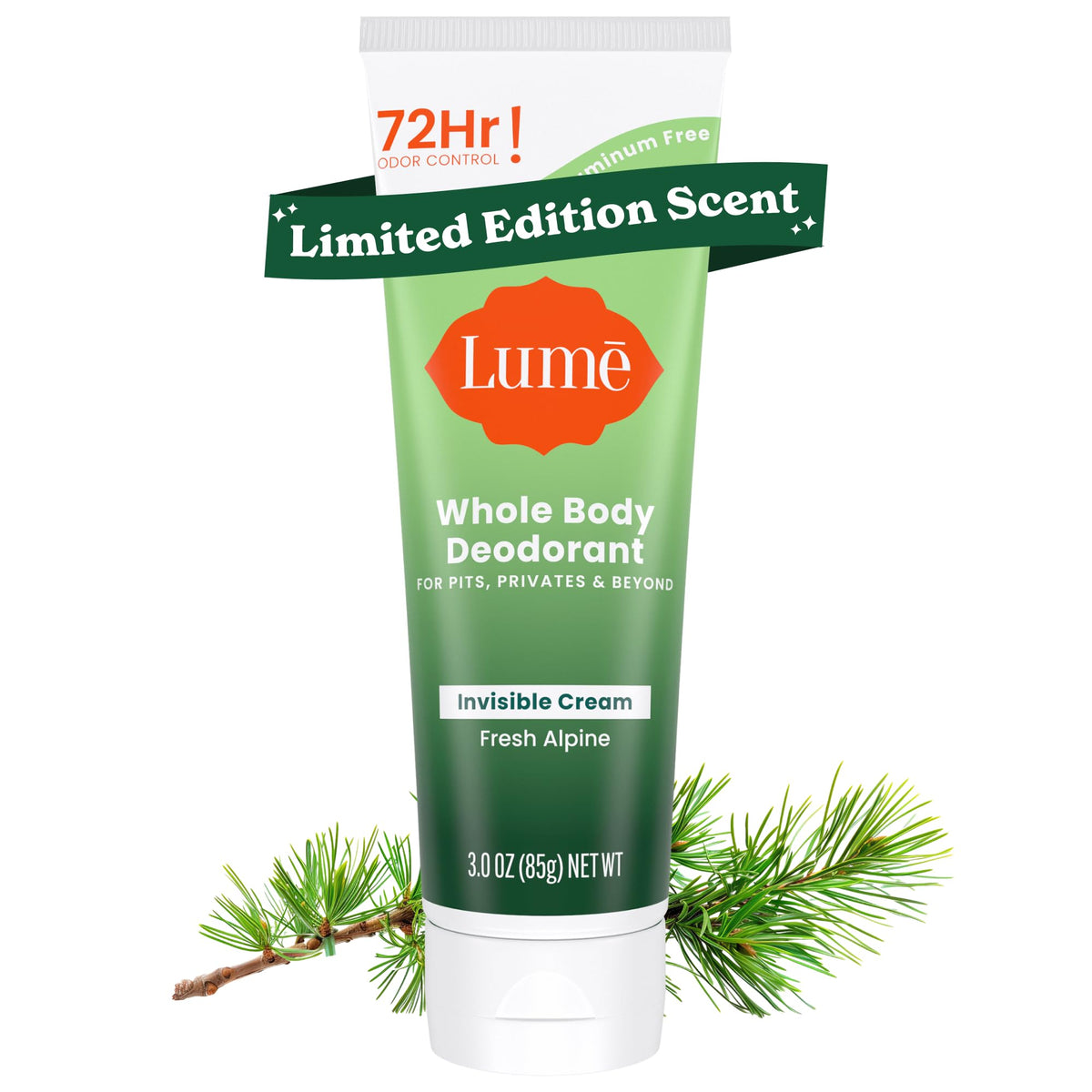 Lume Whole Body Deodorant tube front view showing compact packaging for on-the-go freshness.