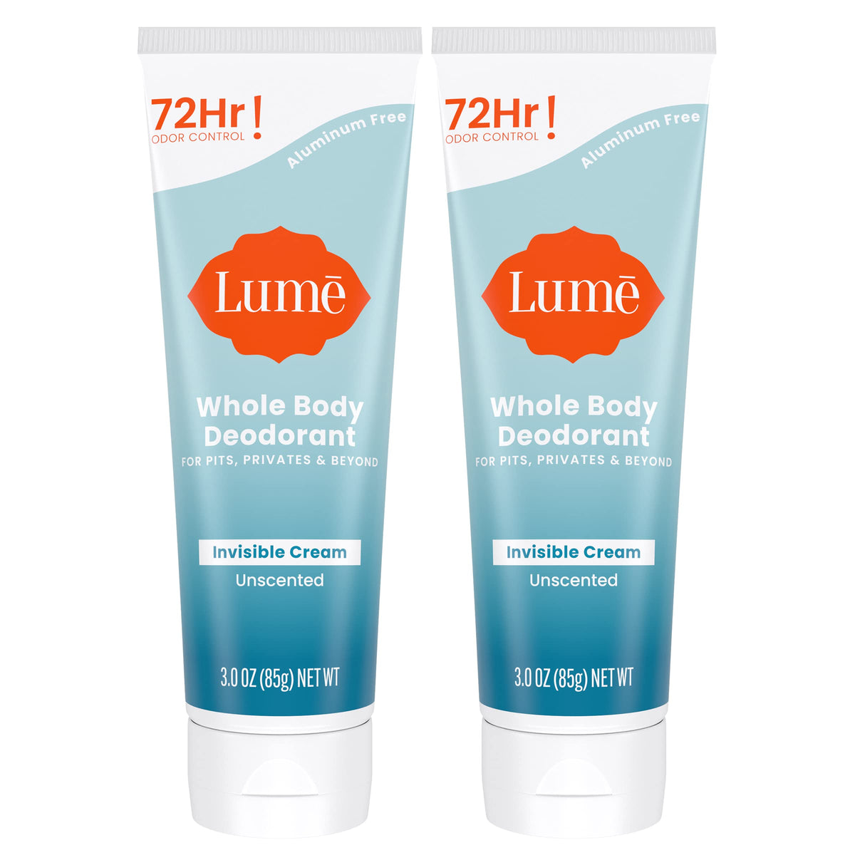 Lume Whole Body Deodorant Unscented two-pack in a clean tube for daily use.
