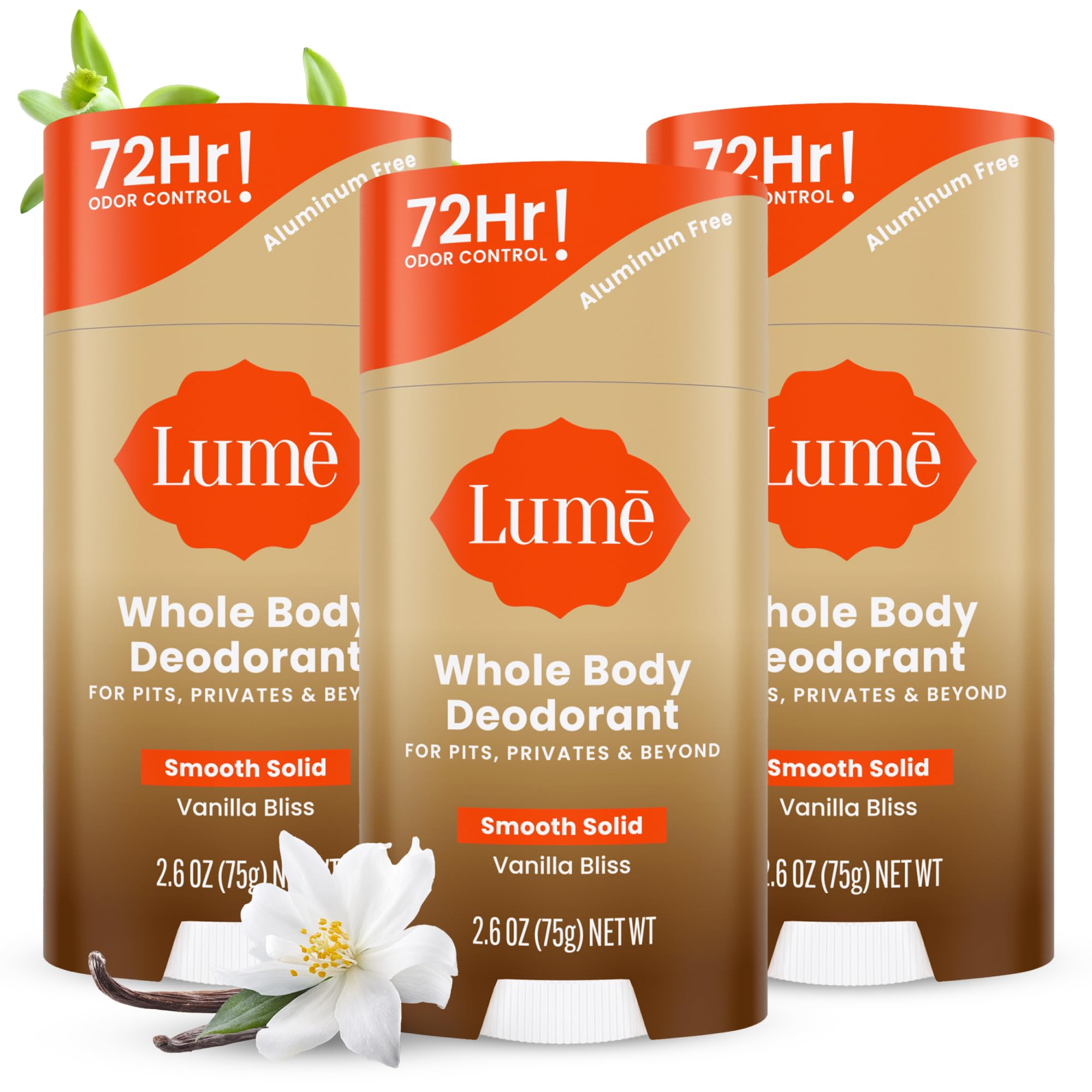Lume Vanilla Bliss pack of 3 deodorants offering all-day odor control.
