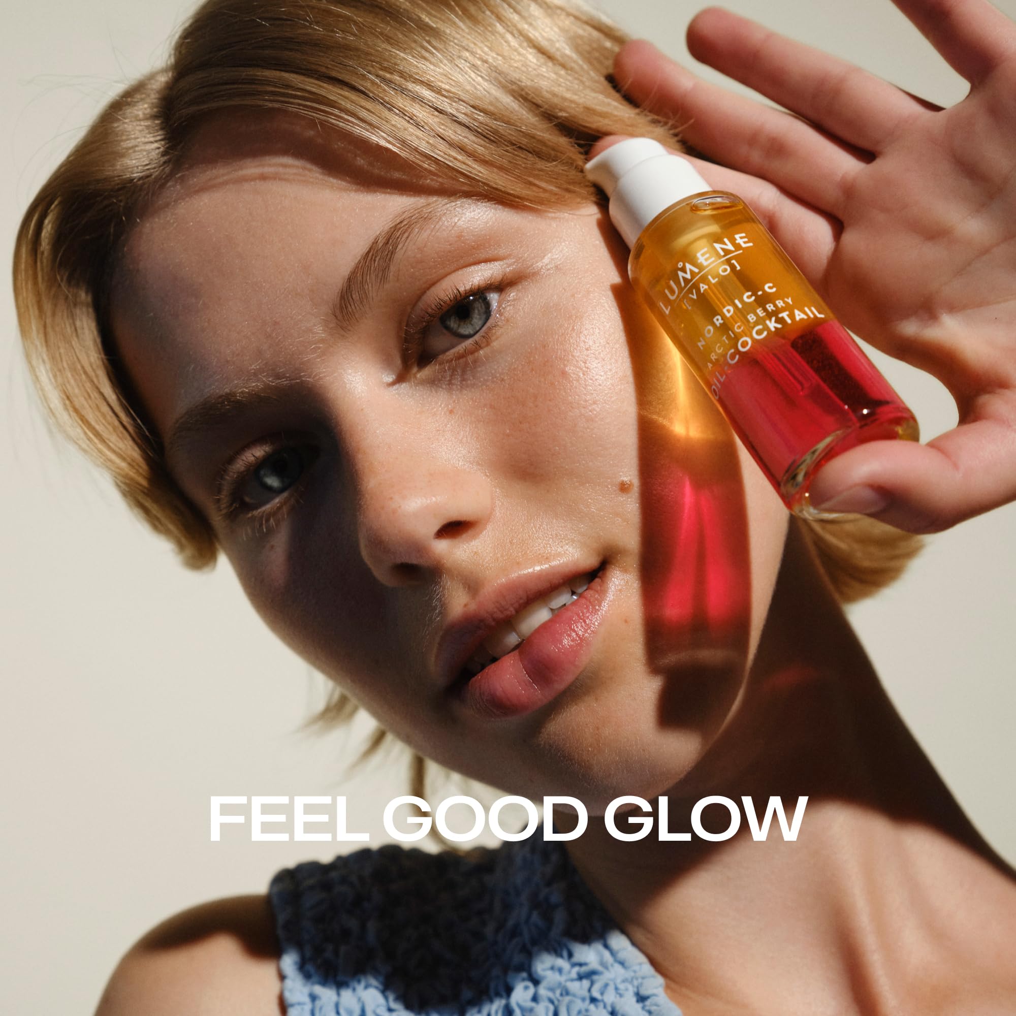 Lumene glow shot after application shows dewy, hydrated complexion.