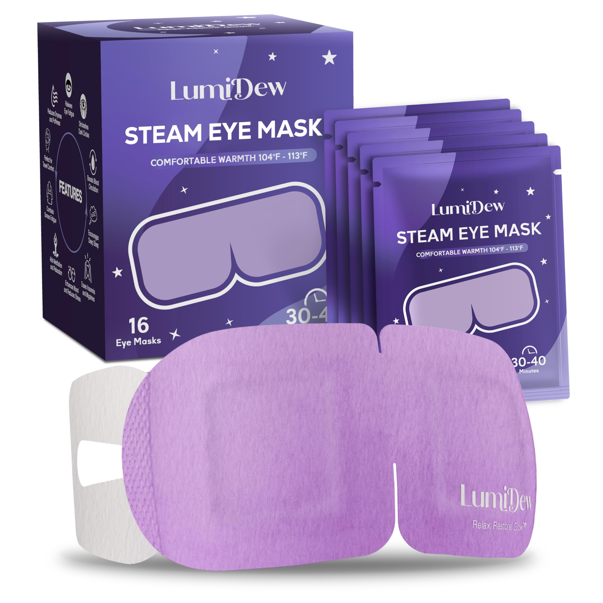 LumiDew steam eye mask pack-front view for sleep routine