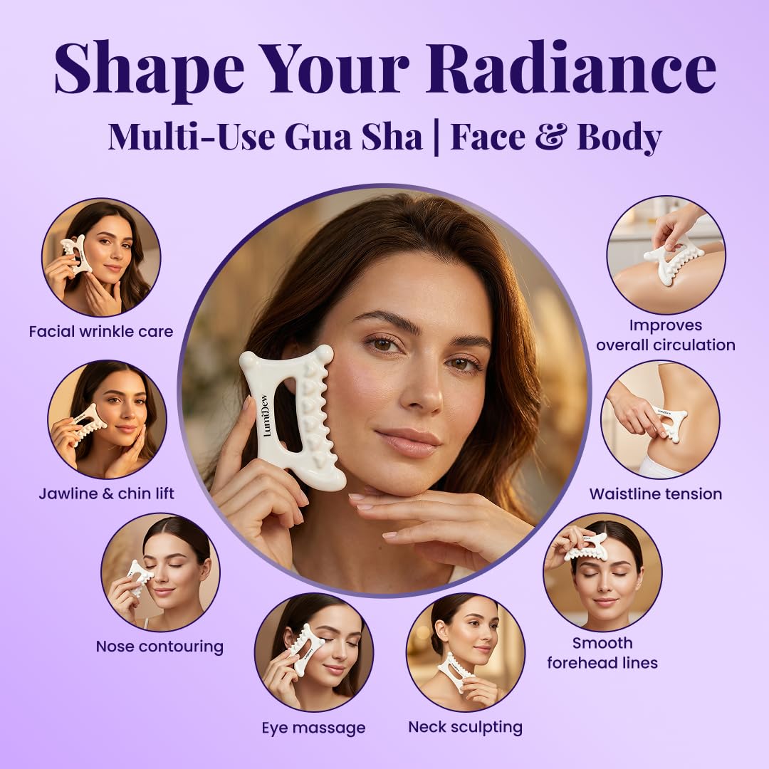 LumiDew gua sha targets cheekbones for a more sculpted look and radiant glow.