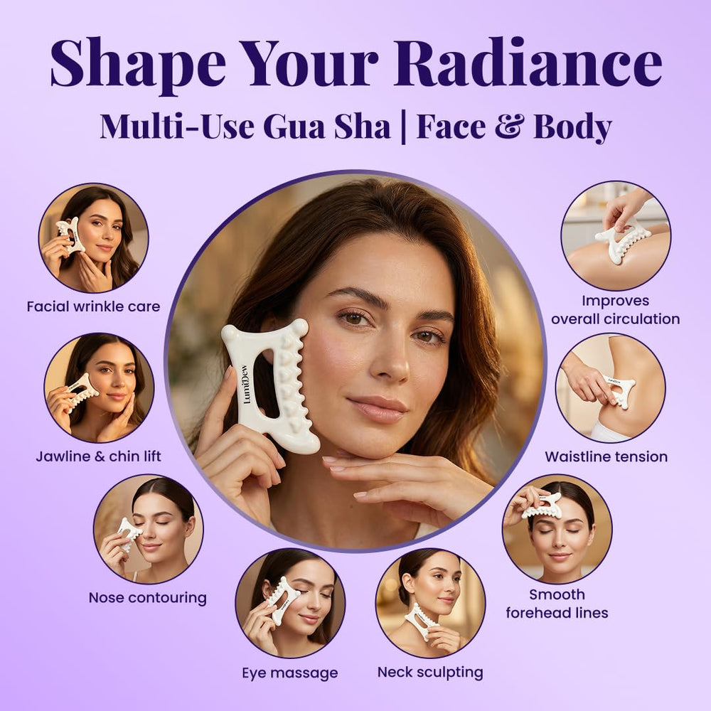 LumiDew gua sha targets cheekbones for a more sculpted look and radiant glow.