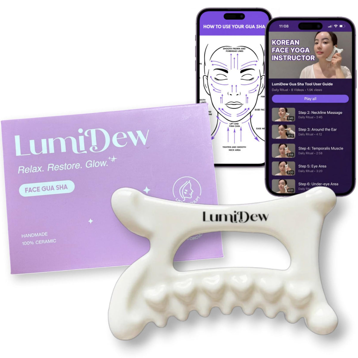 LumiDew ceramic gua sha gliding on the face for smoother contours and refreshed skin.
