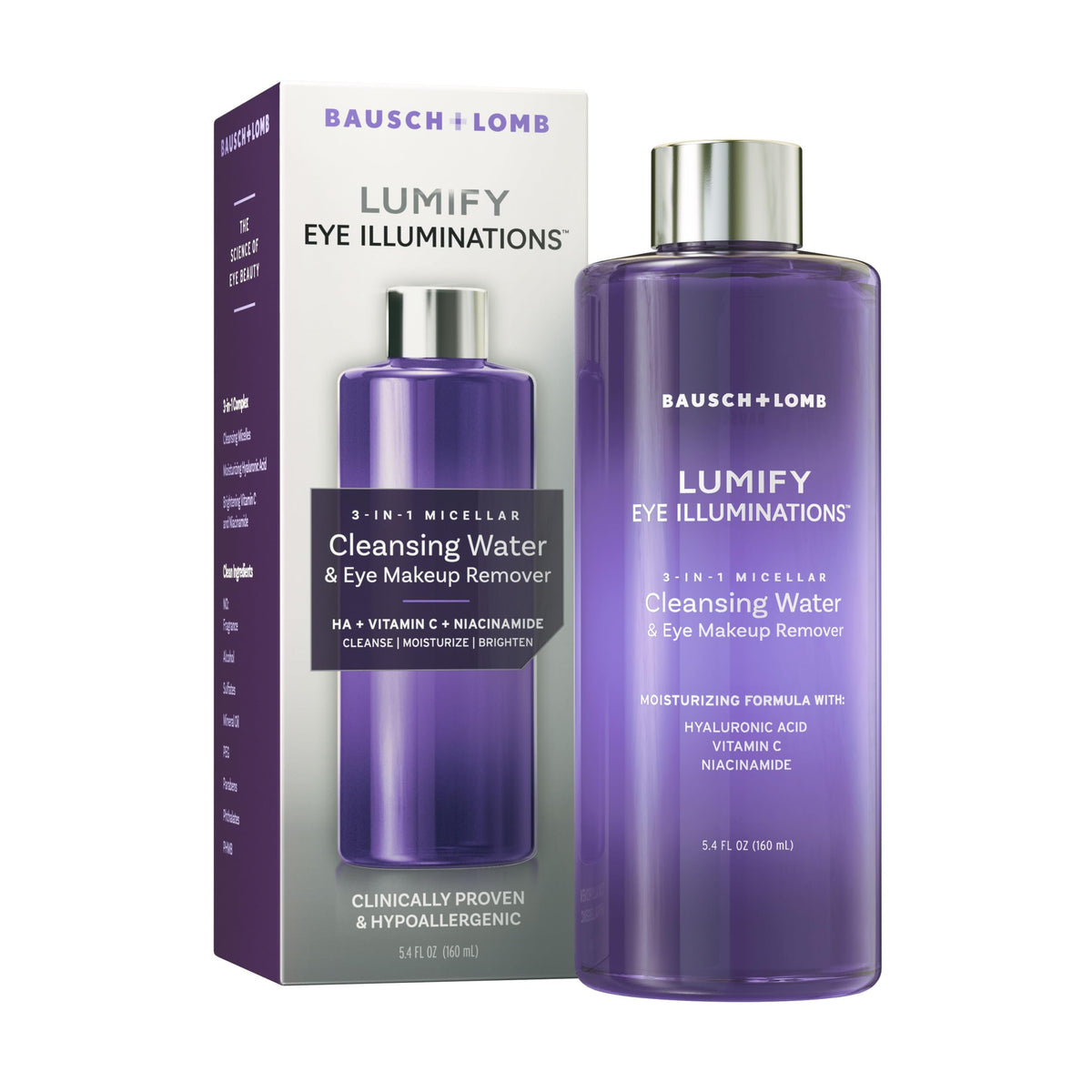 LUMIFY, botella micelar, limpieza suave alrededor de los ojos sin enjuague.