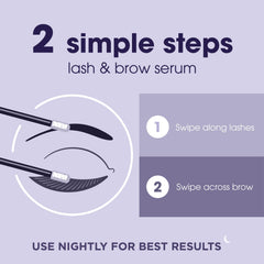 Lashes and brows with a soft, conditioned look after use.