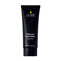 Lumin Charcoal Face Wash bottle close-up, detox cleansing emphasis.