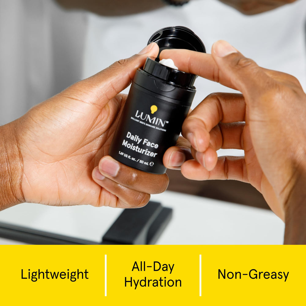 Lumin Daily Face Moisturizer cap close-up shows ergonomic design for quick morning application.
