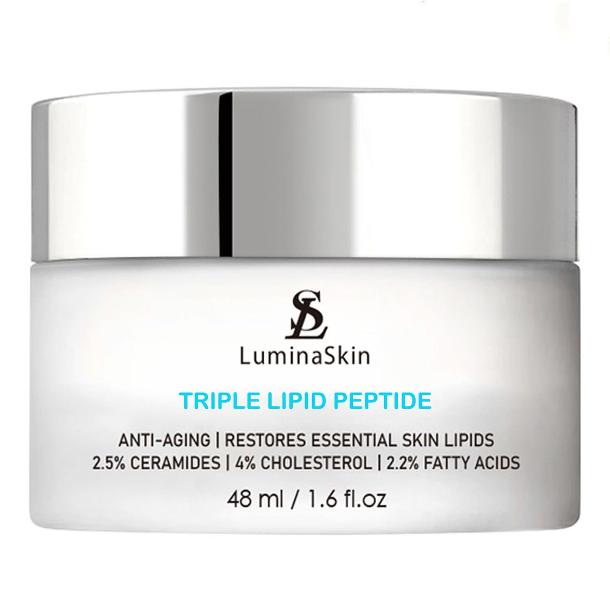 LuminaSkin Triple Lipid Peptide jar close-up showing rich hydration for mature skin.