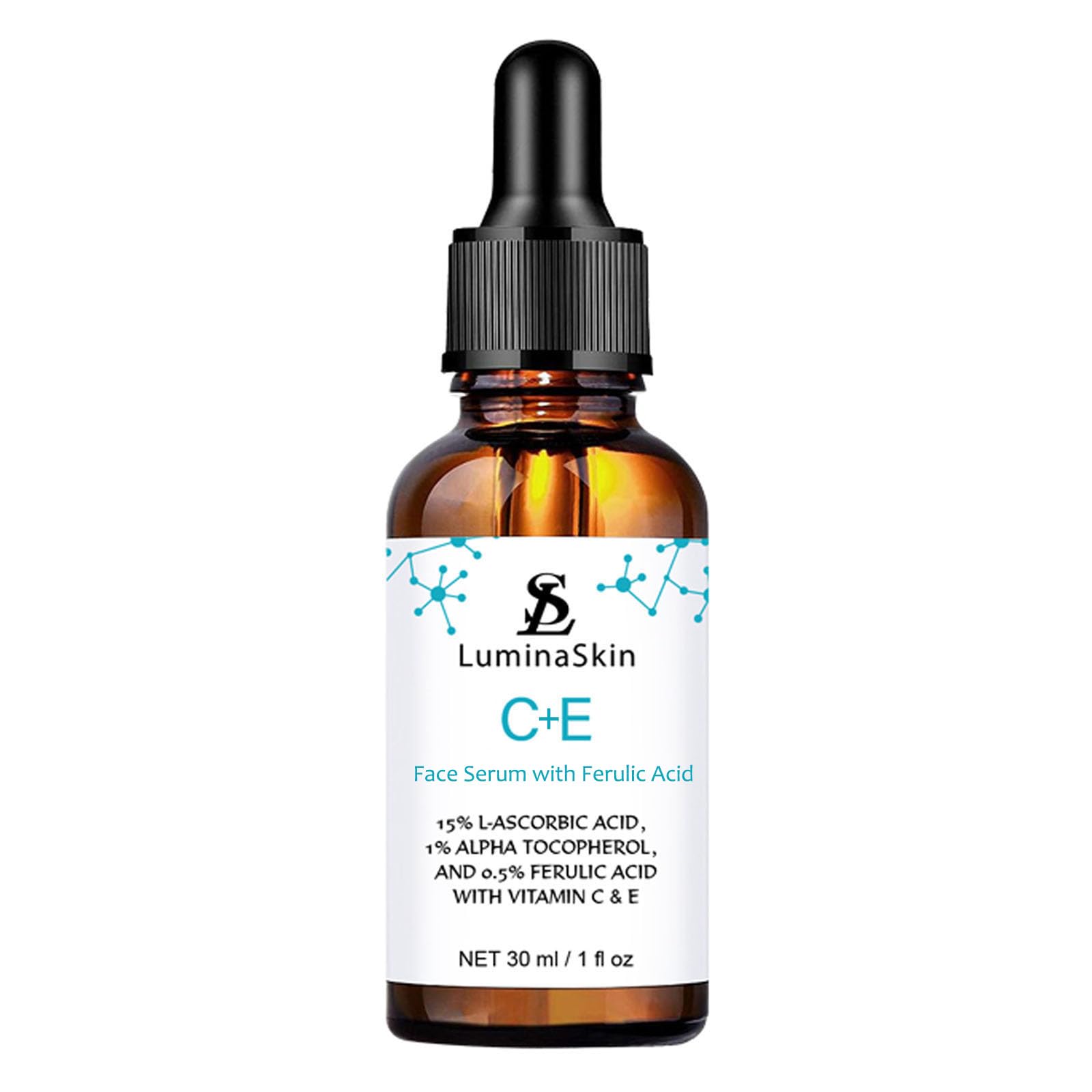 LuminaSkin Vitamin C serum bottle for daily brightening and antioxidant protection.