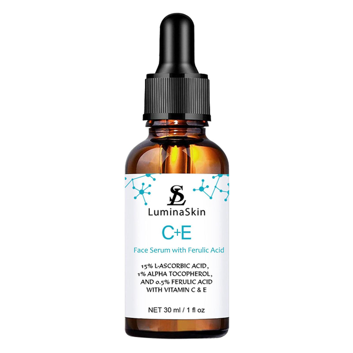 LuminaSkin Vitamin C serum bottle for daily brightening and antioxidant protection.