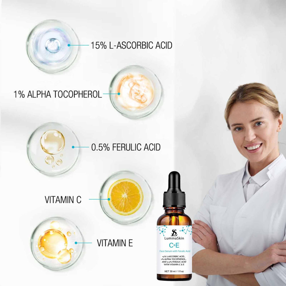 LuminaSkin Vitamin C serum dropper dispensing formula for easy application.