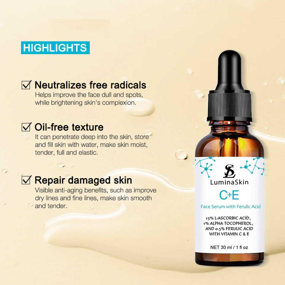 LuminaSkin Vitamin C serum ferulic acid ingredients close-up highlighting potent antioxidants.