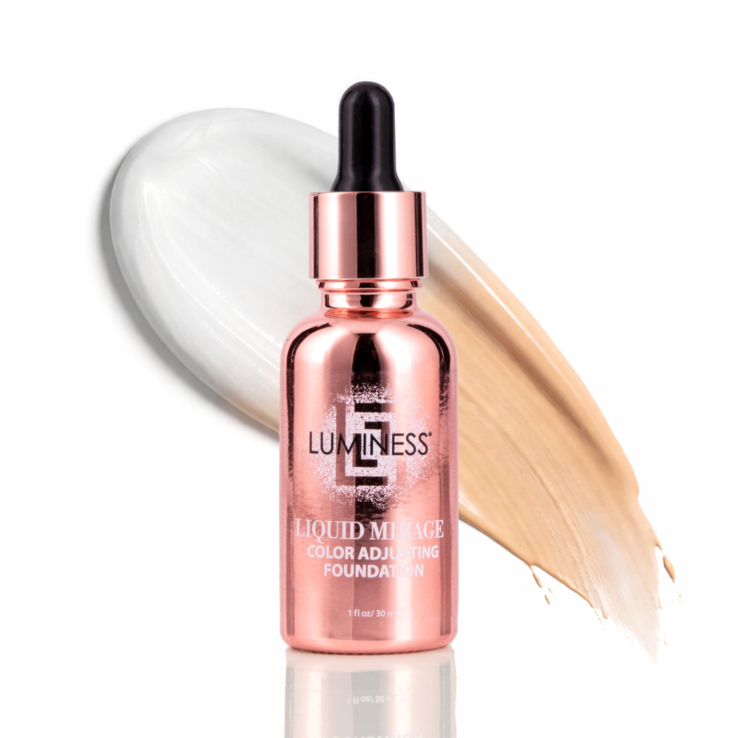 Luminess Liquid Mirage bottle and pour showing color-changing foundation for a seamless match