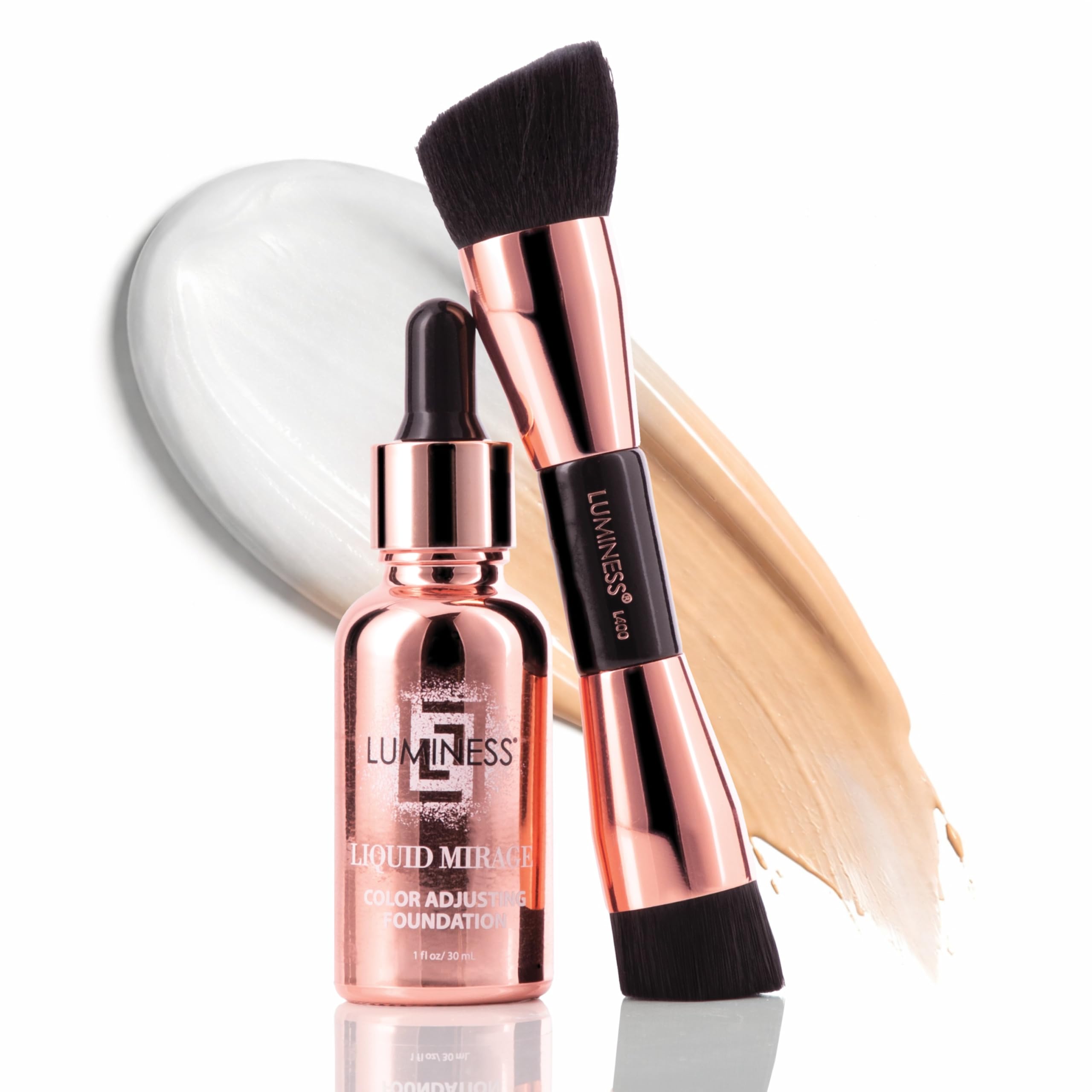 LUMINESS Liquid Mirage color-changing foundation bottle adapting to skin tone for a natural match