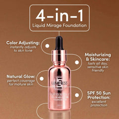 LUMINESS Liquid Mirage packaging box highlighting color-adapting foundation