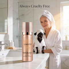 Luminess Silk Airbrush Application spray delivering even mist for smooth layering.