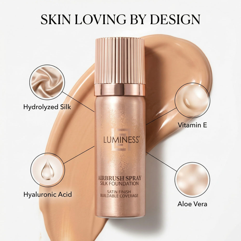 Closeup of Luminess Silk Airbrush Foundation bottle emphasizing hydrated, dewy finish.
