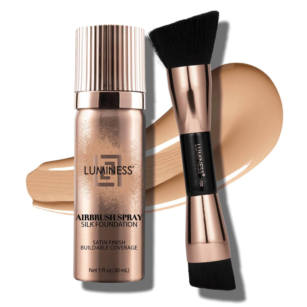 Luminess Silk Airbrush Foundation bottle showing buildable coverage for radiant skin.