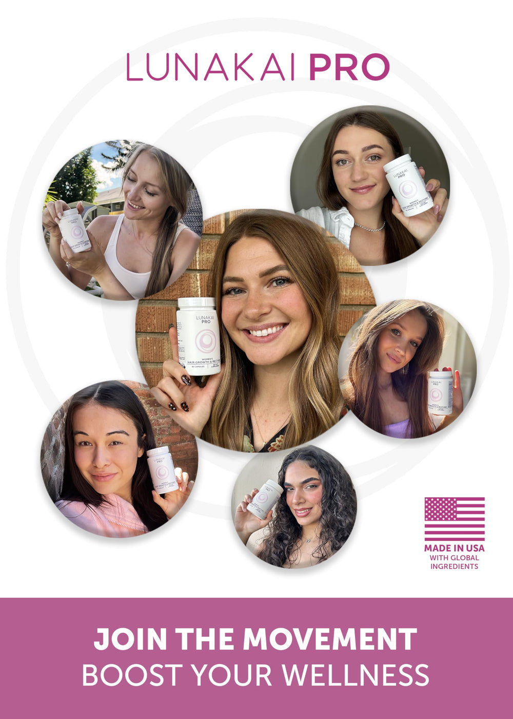 Lunakai PRO ingredients display including biotin and collagen for hair health