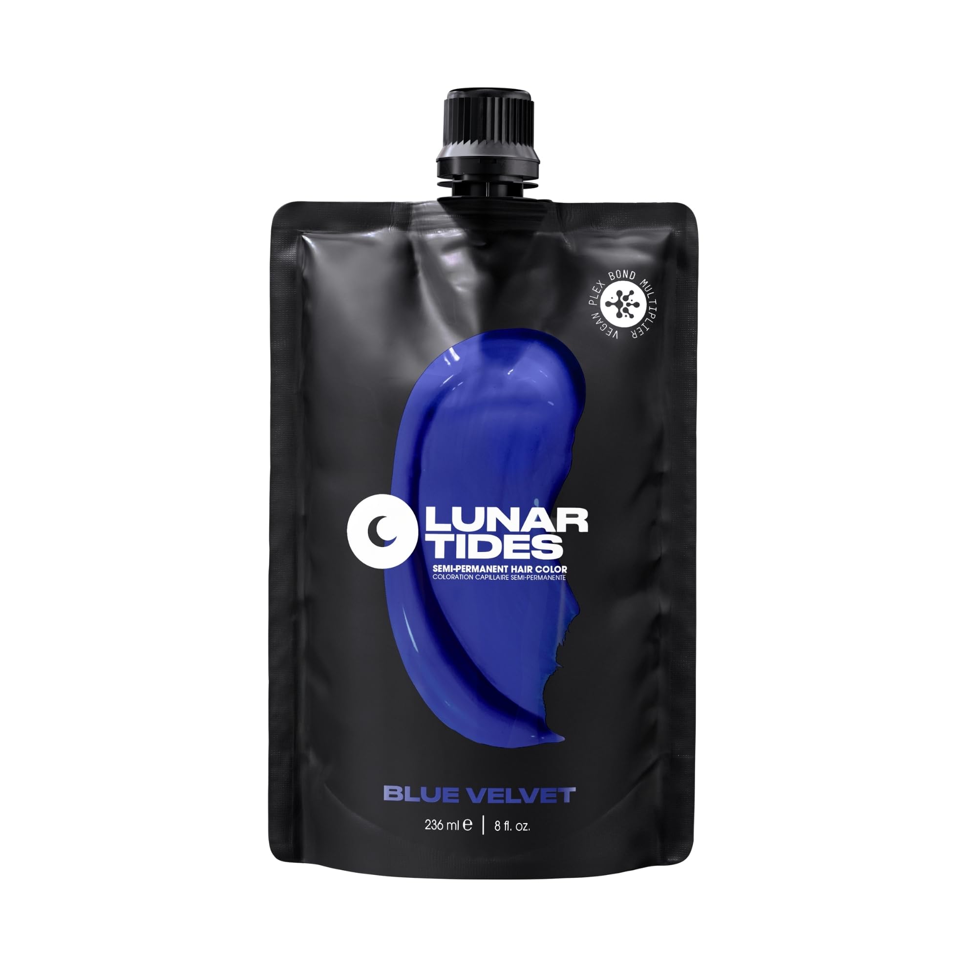 Lunar Tides Blue Velvet bottle showing bold shade for at-home color