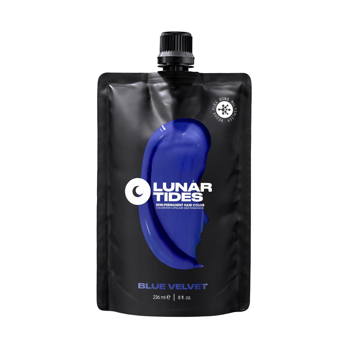Lunar Tides Blue Velvet bottle showing bold shade for at-home color