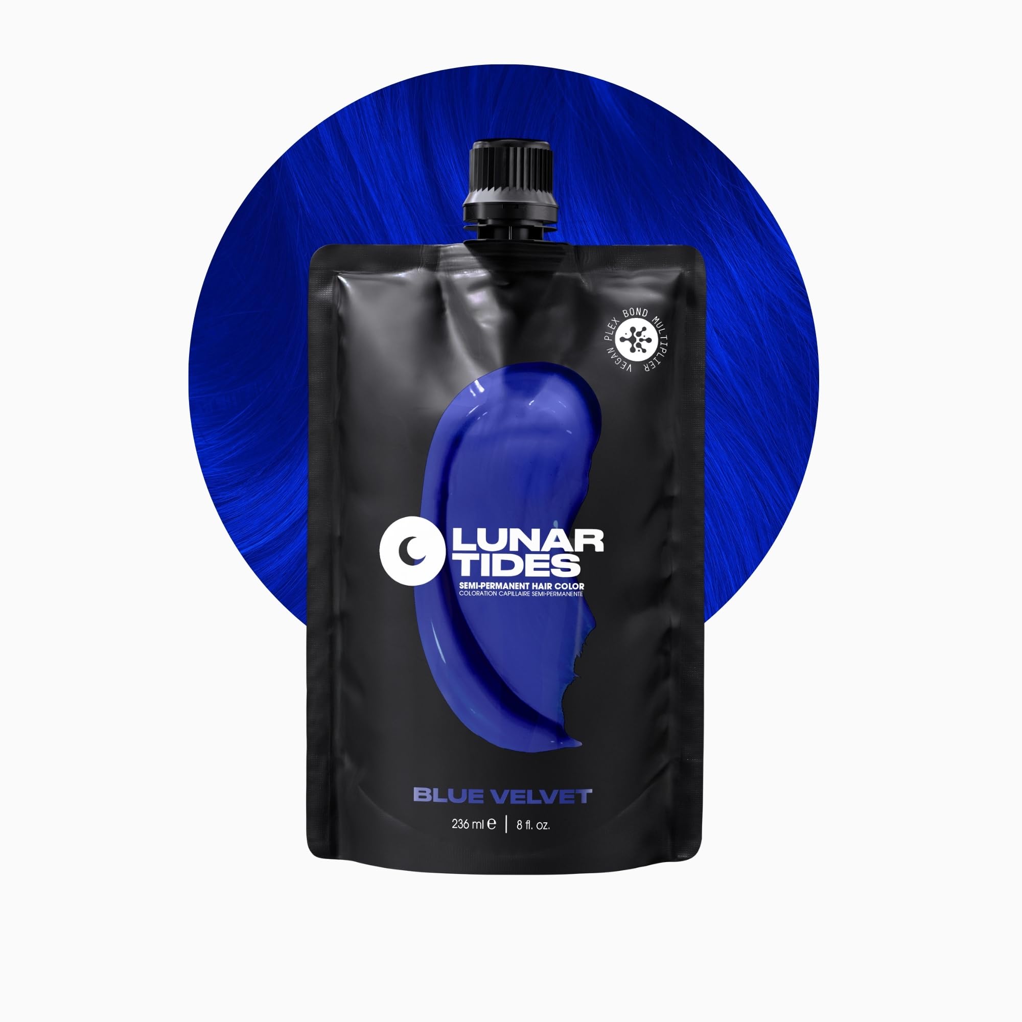 Lunar Tides Blue Velvet bottle showing vibrant semi-permanent color for home use