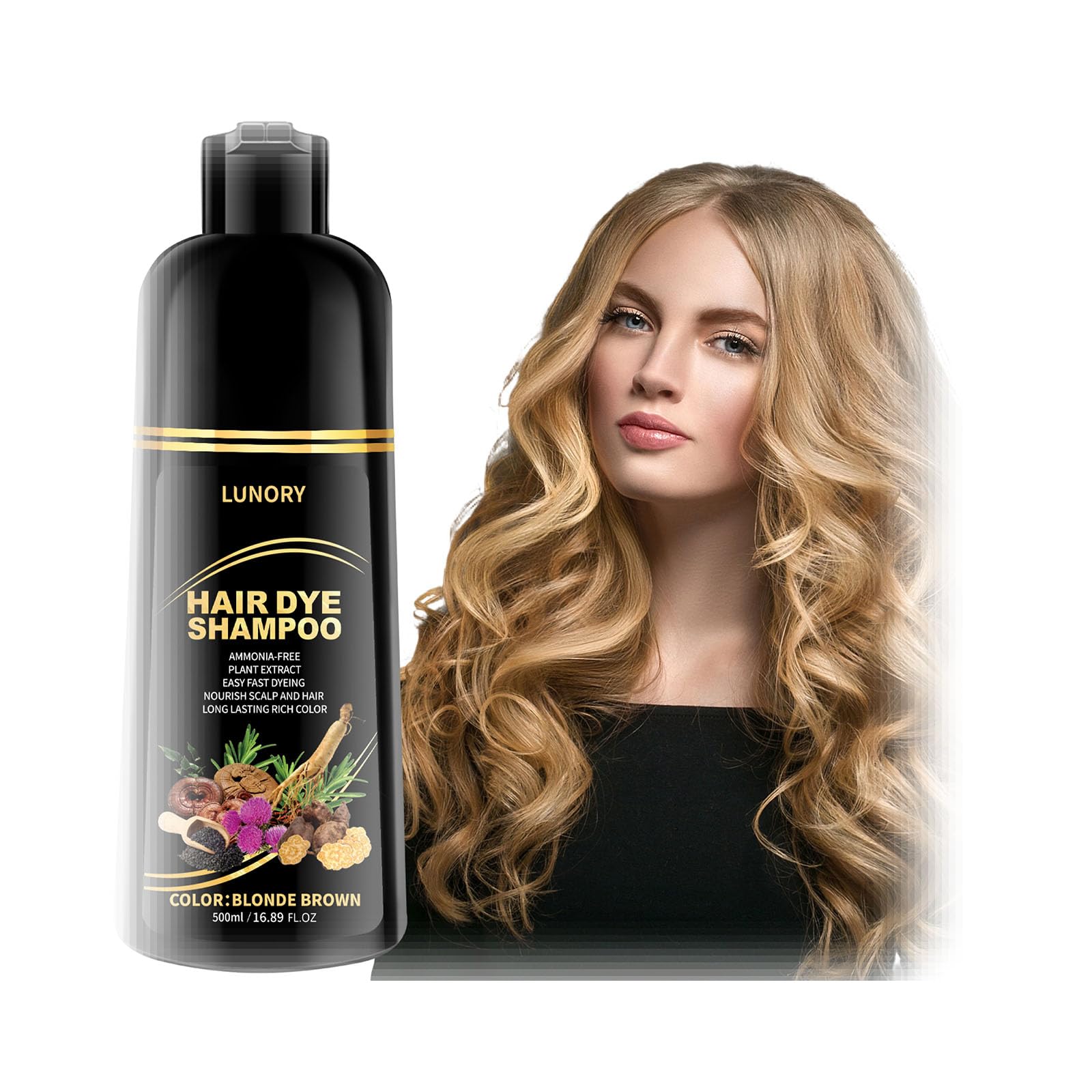 Lunory Blonde Brown Hair Dye Shampoo bottle showing 3-in-1 color and care benefits