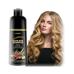 Lunory Blonde Brown Hair Dye Shampoo bottle showing 3-in-1 color and care benefits